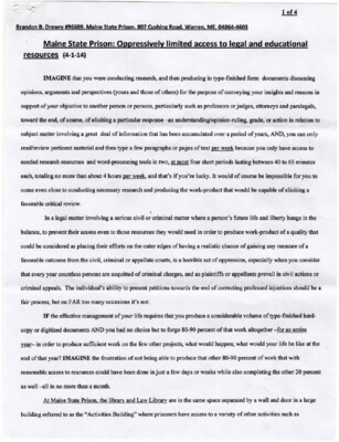 Maine State Prison: Oppressively limited access to legal and educational resources (4-1-14)