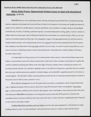 Maine State Prison: Oppressively limited access to legal and educational resources (3-25-14)