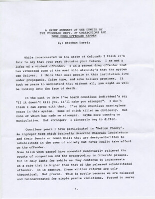 A brief summary of the demise of the Colorado Dept. of Corrections and poor drug offender reform