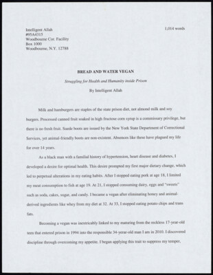 Bread and water vegan : struggling for health and humanity inside prison