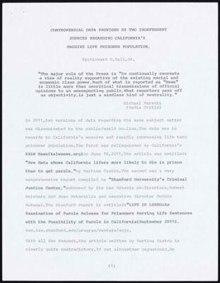 Controversial data provided by two independent sources regarding California's massive life prisoner population