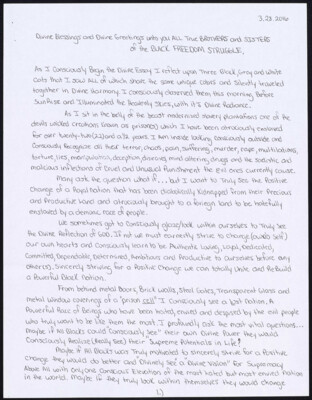 Divine blessings and divine greetings unto you all true brothers and sisters of the black freedom struggle.