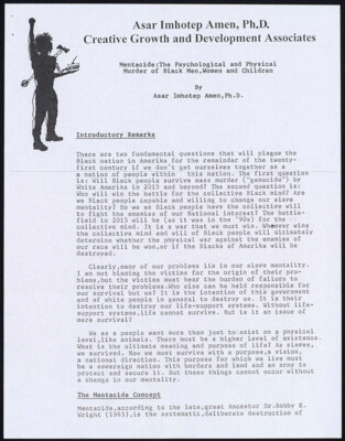 Mentacide: the psychological and physical murder of Black men, women and children