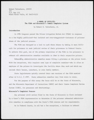 A model of futility: The PLRA and Wisconsin's Inmate Complaint System