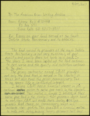 Essay on poor food served at the South Dakota State Penitentiary and its effects