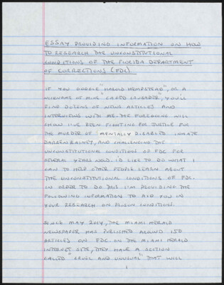 Essay providing information on how to research the unconstitutional conditions of the Florida Department of Corrections