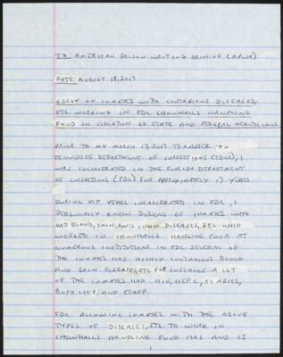 Essay on inmates with contagious diseases, etc. working in FDC chowhalls handling food in violation of state and federal health laws