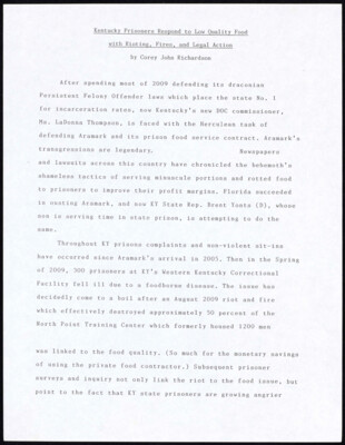 Kentucky prisoners respond to low quality food with rioting, fires, and legal action