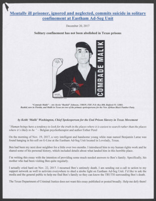 Mentally ill prisoner, ignored and neglected, commits suicide in solitary confinement at Eastham ad-seg unit