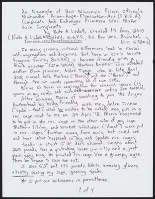 An example of how Wisconsin prison officials mishandle Prison-Rape-Elimination-Act (P.R.E.A.) complaints and endanger prisoners who make such complaints