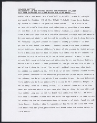 Subject matters: Prisoner's at the United States Penitentiary Atlanta has been deprived of clean water for many years