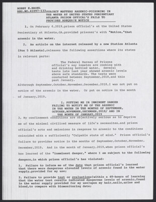 Subject matters arsenic poisoning in the water at United States Penientiary Atlanta prison offical's fails to provides adequate notice