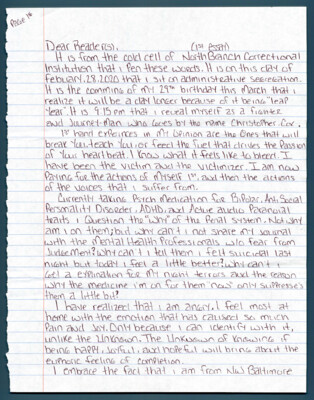 It is from the cold cell of North Branch Correctional Institution