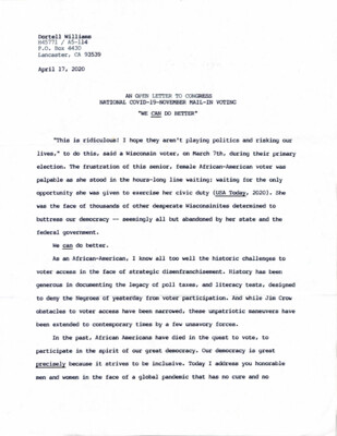 An open letter to Congress: National COVID-19 November mail-in voting "We can do better"