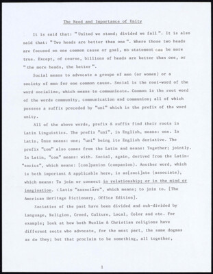 The need and importance of unity