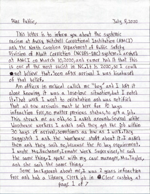 This letter is to inform you about the systemic racism at Avery Mitchell Correctional Institution