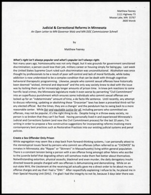 Judicial &amp; correctional reforms in Minnesota: An open letter to MN Governor Walz and MN DOC Commissioner Schnell